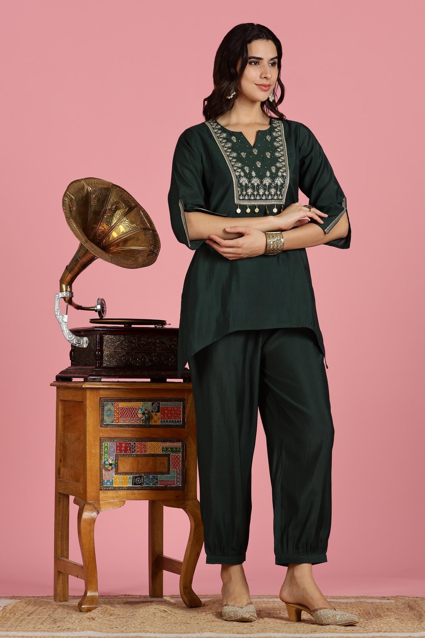 Dark Green Chanderi Silk Kurta Set with Zari Yoke & Coin Embroidery