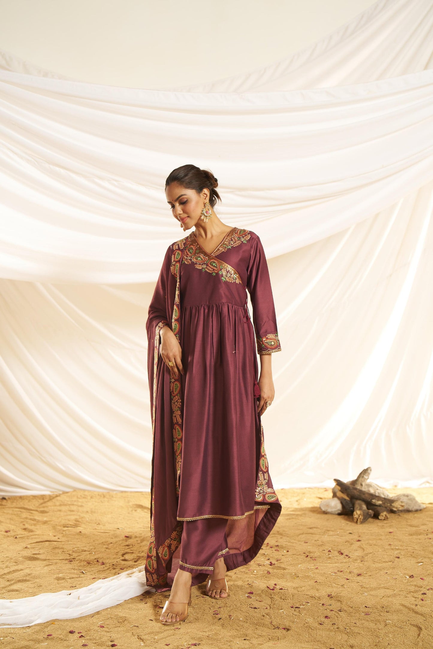 Kayra Wine Paisley Embroidered Sequin Angrakha Silk Suit Set