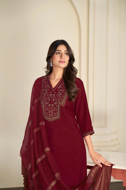 BulBul Ruhani Solid Green and Maroon Embroidered Roman Silk Salwar Suit for Women - warehousetech13