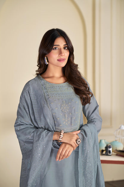 BulBul Aadvi Solid Grey & Green Embroidered Roman Silk Salwar Suit for Women | Festive & Party Wear Ethnic Ensemble