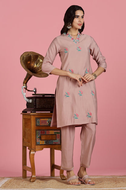 Blush Pink Floral Kota Doriya Kurta Set with Zari Sequin Neckline & Dupatta