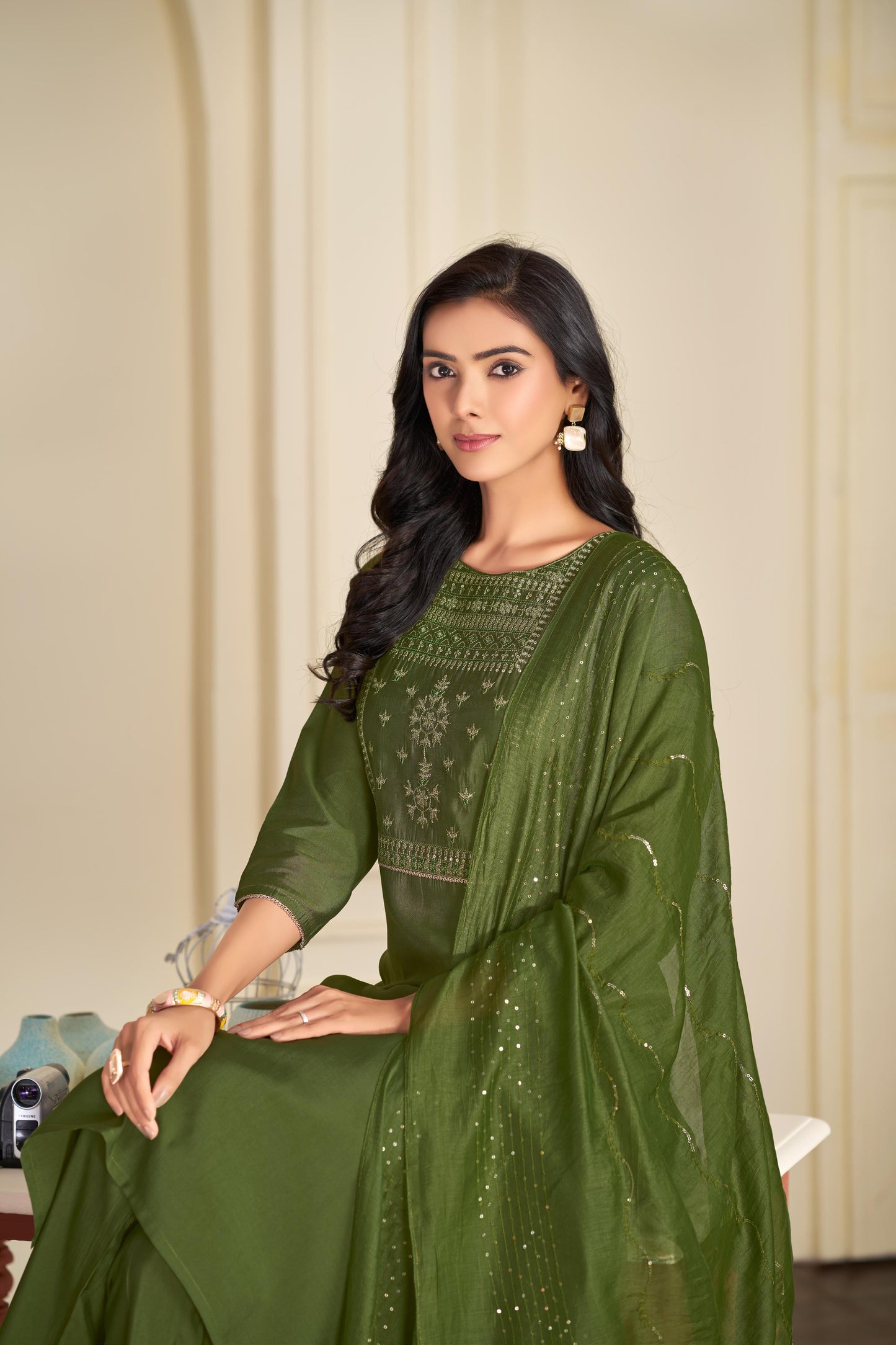 BulBul Aadvi Solid Grey & Green Embroidered Roman Silk Salwar Suit for Women | Festive & Party Wear Ethnic Ensemble