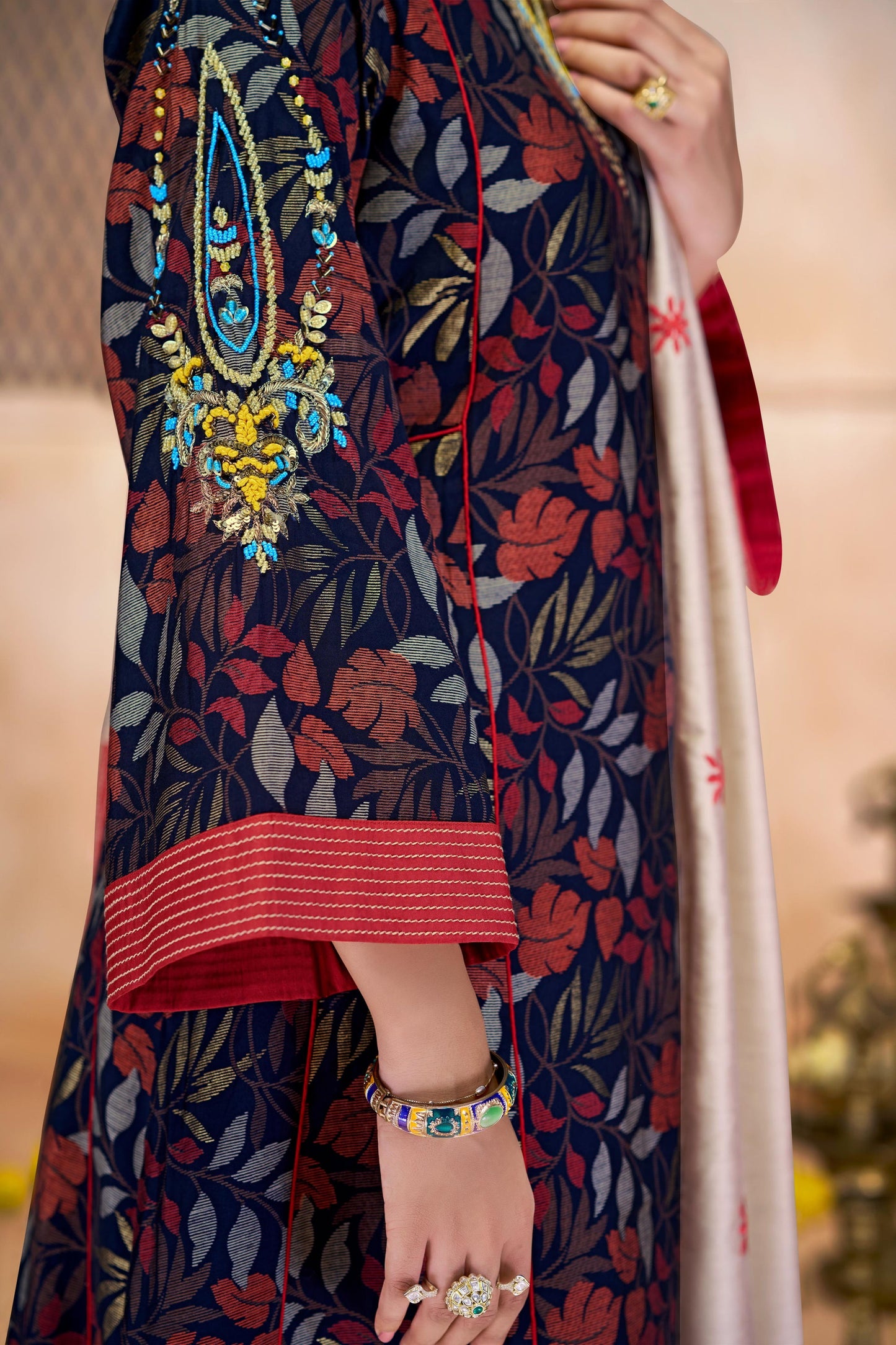 Rashmi Navy Multi-Color Embroidered Chanderi Silk Suit Set with Zari & Sequins