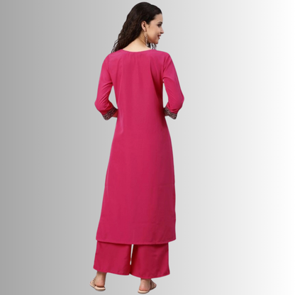 Ladies' Casual 3/4 Sleeve Solid Crepe Kurti and Palazzo Set (Pink) - warehousetech13