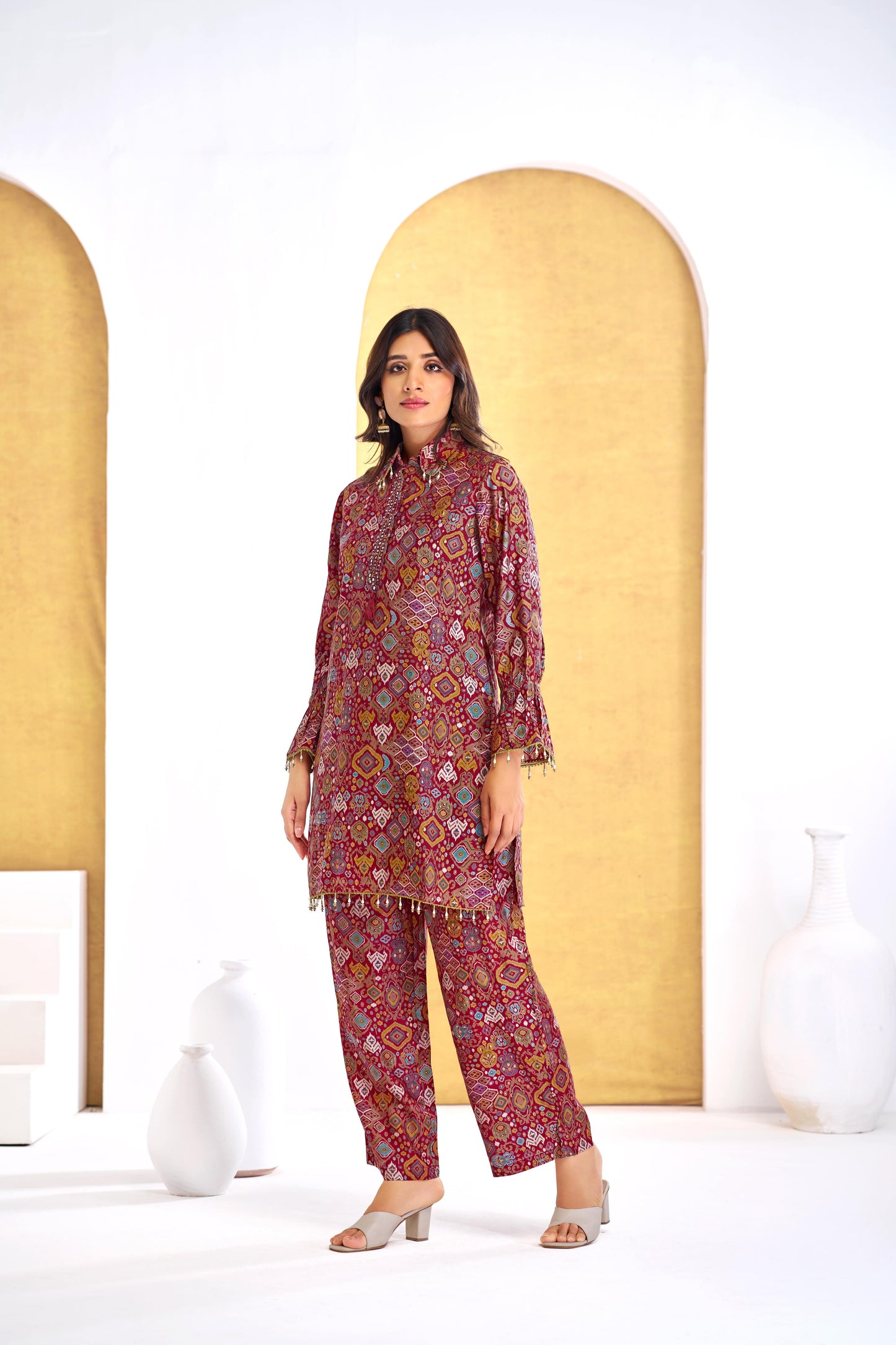 Pratiksha Modal Chanderi Co-Ord Set in Red & Olive - Printed Ethnic Wear