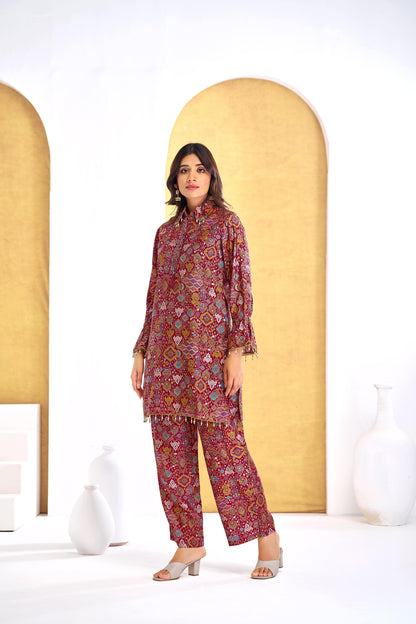Pratiksha Modal Chanderi Co-Ord Set in Red & Olive - Printed Ethnic Wear