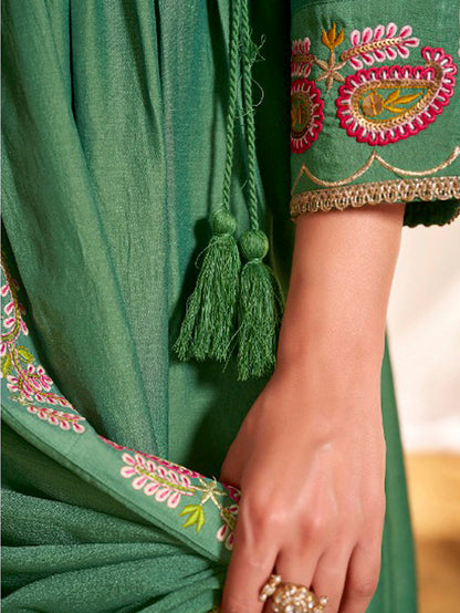 Kayra Green Paisley Embroidered Angrakha Suit Set - Chinnon Silk