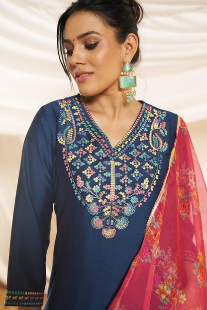 Kayra Navy Multicolor Embroidered Chinnon Silk Suit Set - Straight Fit