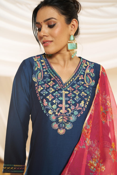 Kayra Navy Multicolor Embroidered Chinnon Silk Suit Set - Straight Fit