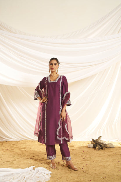 Kayra Wine Aari Embroidered Chinnon Silk A-Line Suit Set with Cotton Lining