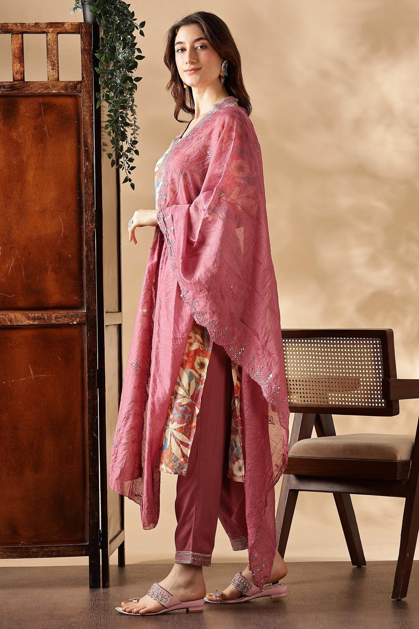 Designer Aafiya Green and Mauve Rayon Kurta with Dupatta Set
