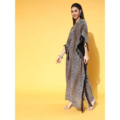 Women's Casual Georgette Kurti with Half Sleeves and Animal Print (Brown) - warehousetech13