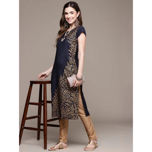 Women's Casual Floral Printed Crepe Kurti with Short Sleeves (Blue / Brown) - warehousetech13