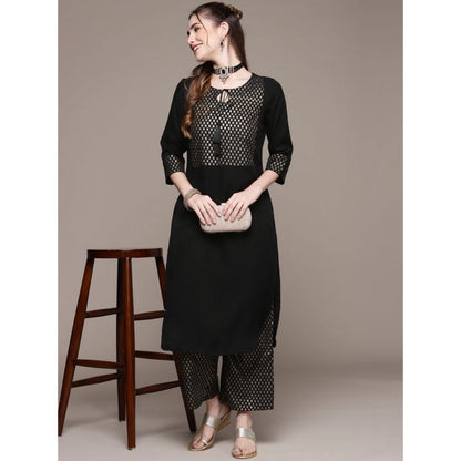 Women’s Casual Full Sleeve Kurti and Palazzo Set with Ethnic Designs in Crepe Fabric (Black & Dark Pink) - warehousetech13