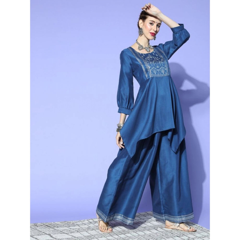 Women’s Casual 3/4 Sleeve Floral Printed Chinon Kurti with Palazzo Set (Blue) - warehousetech13