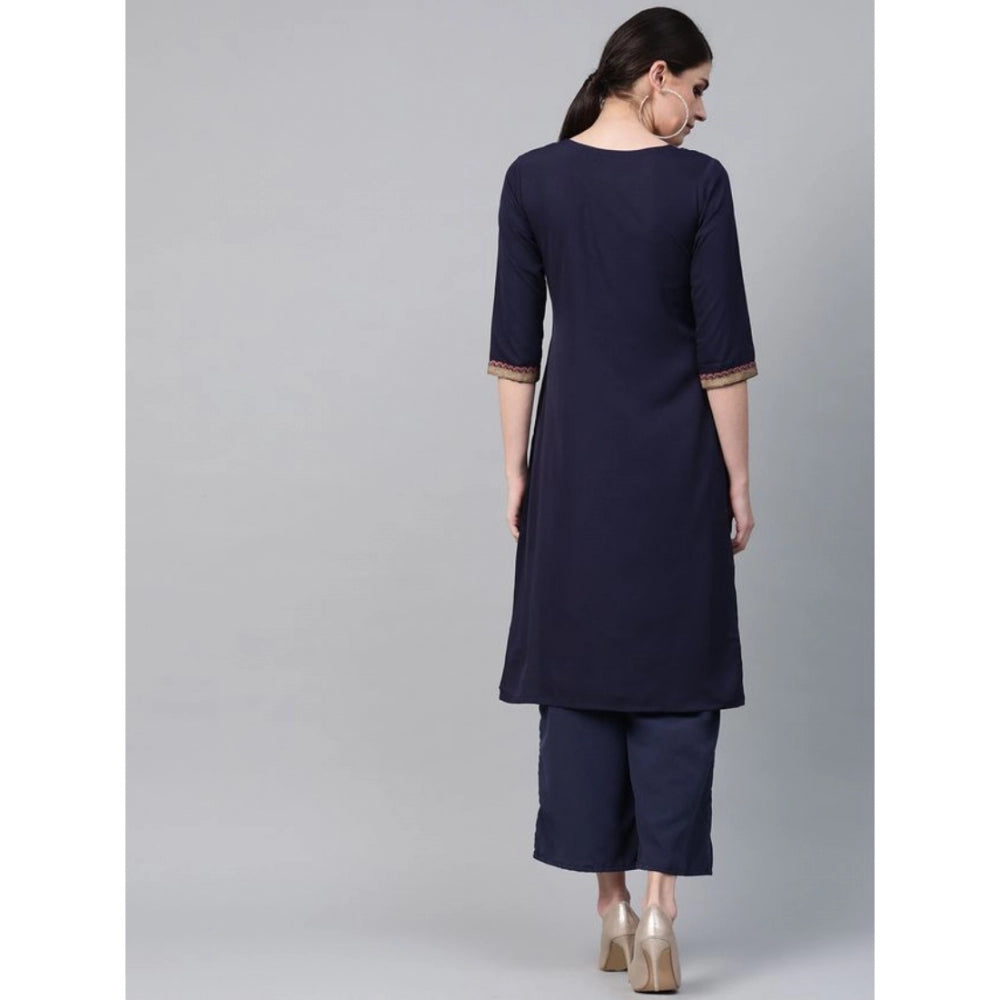 Ladies' Casual 3/4 Sleeve Solid Crepe Kurti and Palazzo Set (Navy) - warehousetech13