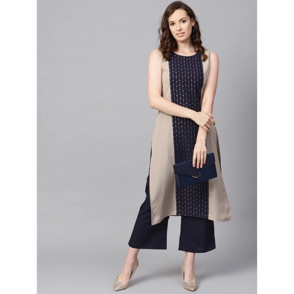 Women’s Floral Print Casual Sleeveless Kurti with Palazzo Set (Navy Blue) - warehousetech13