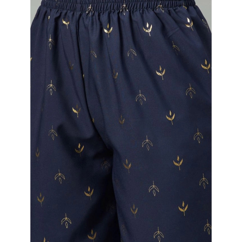 Ladies' Casual 3/4 Sleeve Solid Crepe Kurti and Palazzo Set (Navy Blue) - warehousetech13