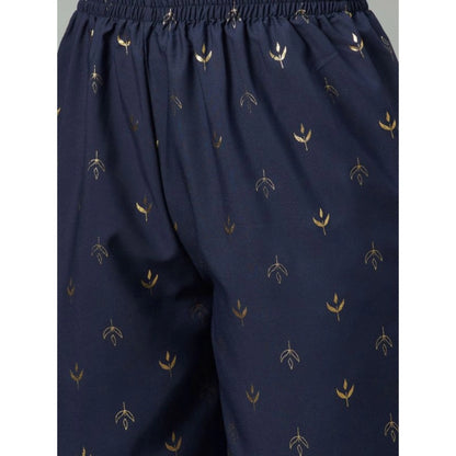 Ladies' Casual 3/4 Sleeve Solid Crepe Kurti and Palazzo Set (Navy Blue) - warehousetech13