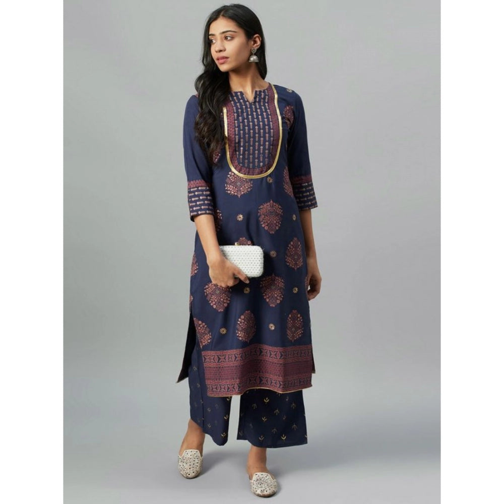Ladies' Casual 3/4 Sleeve Solid Crepe Kurti and Palazzo Set (Navy Blue) - warehousetech13