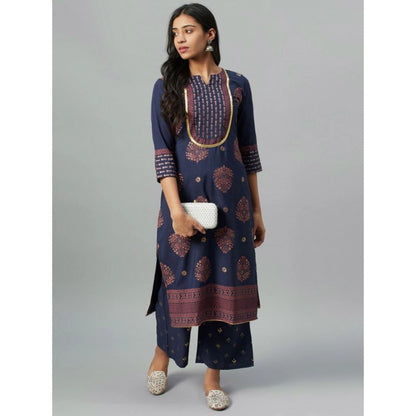 Ladies' Casual 3/4 Sleeve Solid Crepe Kurti and Palazzo Set (Navy Blue) - warehousetech13