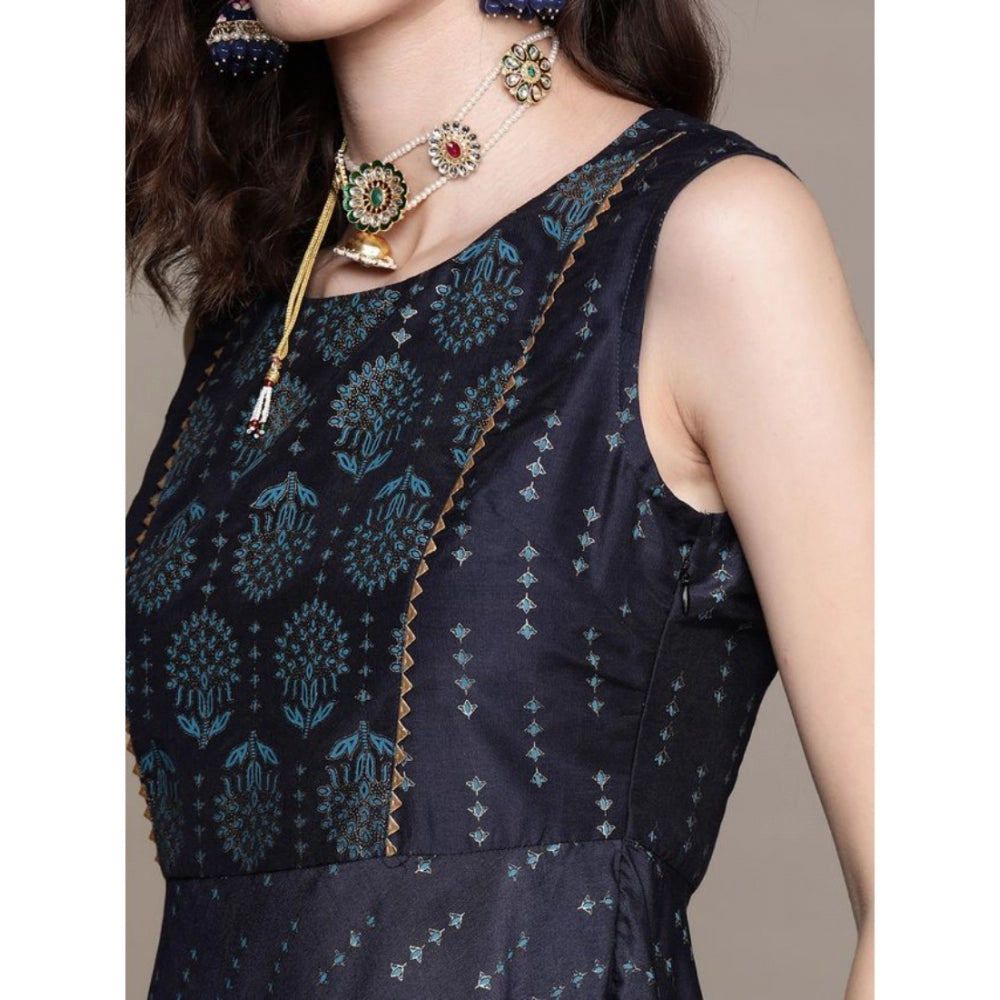 Floral Printed Chinon Kurti and Dhoti Pant Set for Women (Dark Blue) with Sleeveless Design. - warehousetech13