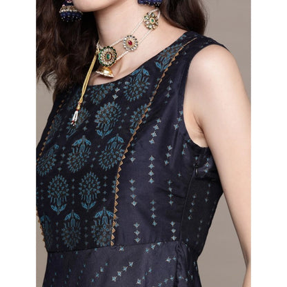 Floral Printed Chinon Kurti and Dhoti Pant Set for Women (Dark Blue) with Sleeveless Design. - warehousetech13