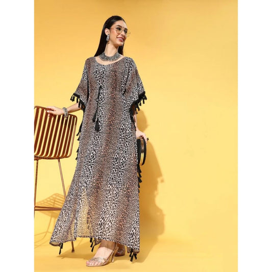 Women's Casual Georgette Kurti with Half Sleeves and Animal Print (Brown) - warehousetech13
