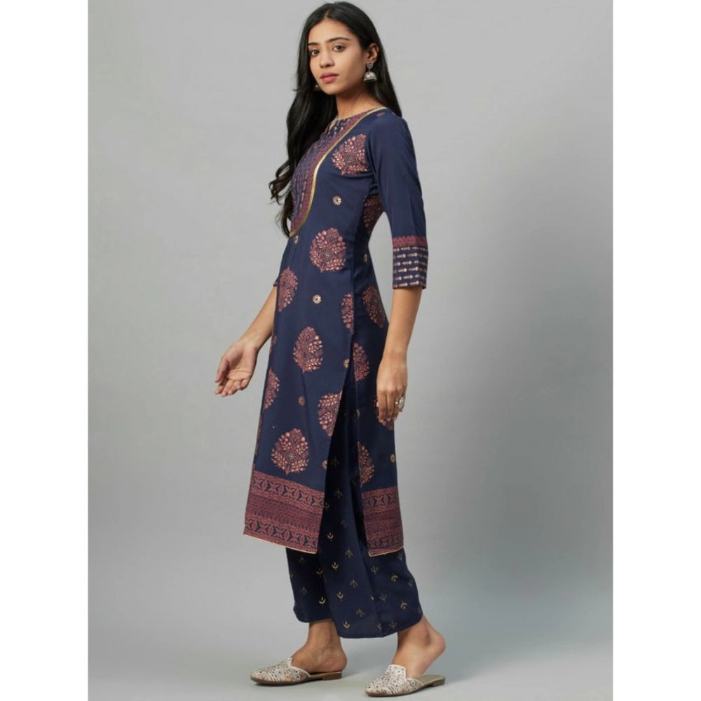 Ladies' Casual 3/4 Sleeve Solid Crepe Kurti and Palazzo Set (Navy Blue) - warehousetech13