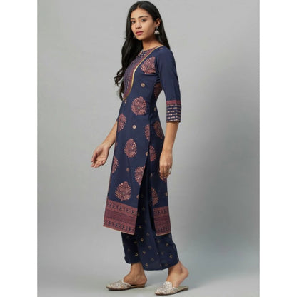 Ladies' Casual 3/4 Sleeve Solid Crepe Kurti and Palazzo Set (Navy Blue) - warehousetech13
