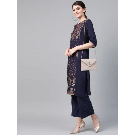 Ladies' Casual 3/4 Sleeve Solid Crepe Kurti and Palazzo Set (Navy) - warehousetech13