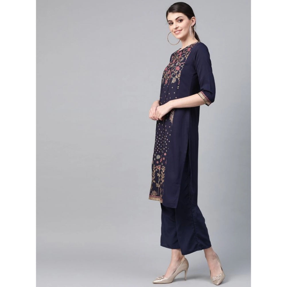 Ladies' Casual 3/4 Sleeve Solid Crepe Kurti and Palazzo Set (Navy) - warehousetech13