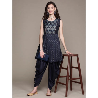 Floral Printed Chinon Kurti and Dhoti Pant Set for Women (Dark Blue) with Sleeveless Design. - warehousetech13