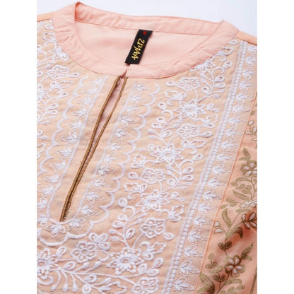Women’s Casual Chanderi Cotton Kurti and Palazzo Set with 3/4 Sleeve Floral Print (Peach)