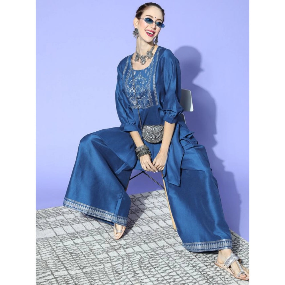 Women’s Casual 3/4 Sleeve Floral Printed Chinon Kurti with Palazzo Set (Blue) - warehousetech13