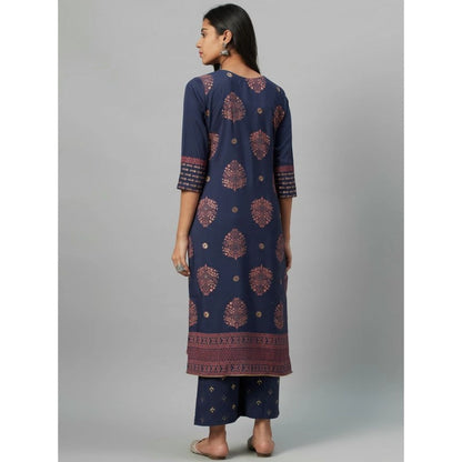 Ladies' Casual 3/4 Sleeve Solid Crepe Kurti and Palazzo Set (Navy Blue) - warehousetech13