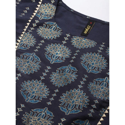 Floral Printed Chinon Kurti and Dhoti Pant Set for Women (Dark Blue) with Sleeveless Design. - warehousetech13