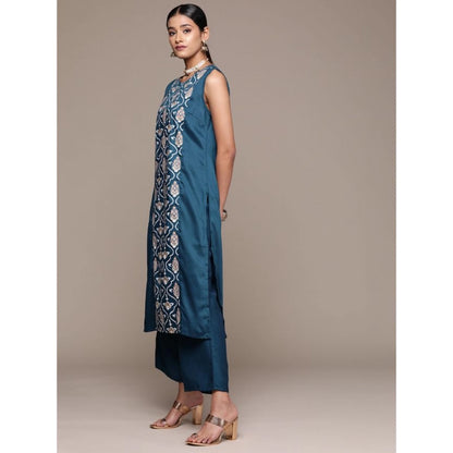 Women’s Casual Floral Printed Sleeveless Chinon Kurti with Palazzo Set (Maroon & Teal Blue)