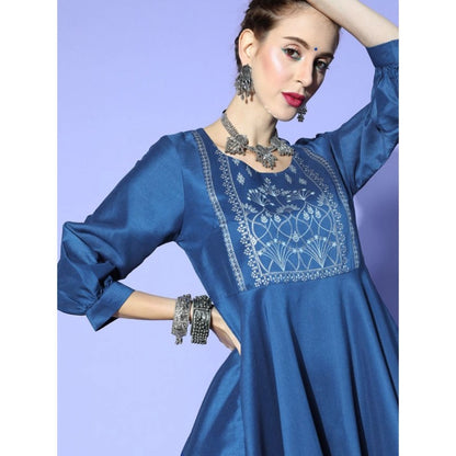 Women’s Casual 3/4 Sleeve Floral Printed Chinon Kurti with Palazzo Set (Blue) - warehousetech13