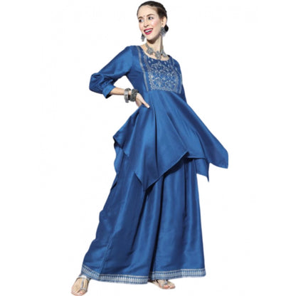 Women’s Casual 3/4 Sleeve Floral Printed Chinon Kurti with Palazzo Set (Blue) - warehousetech13