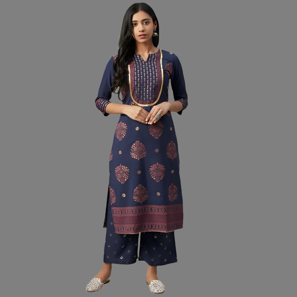 Ladies' Casual 3/4 Sleeve Solid Crepe Kurti and Palazzo Set (Navy Blue) - warehousetech13