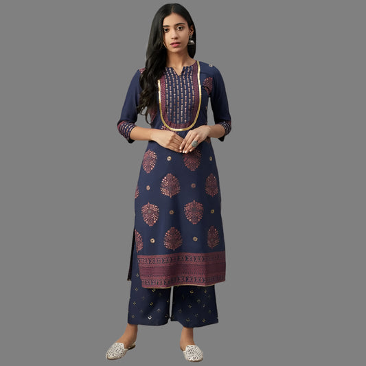 Ladies' Casual 3/4 Sleeve Solid Crepe Kurti and Palazzo Set (Navy Blue) - warehousetech13