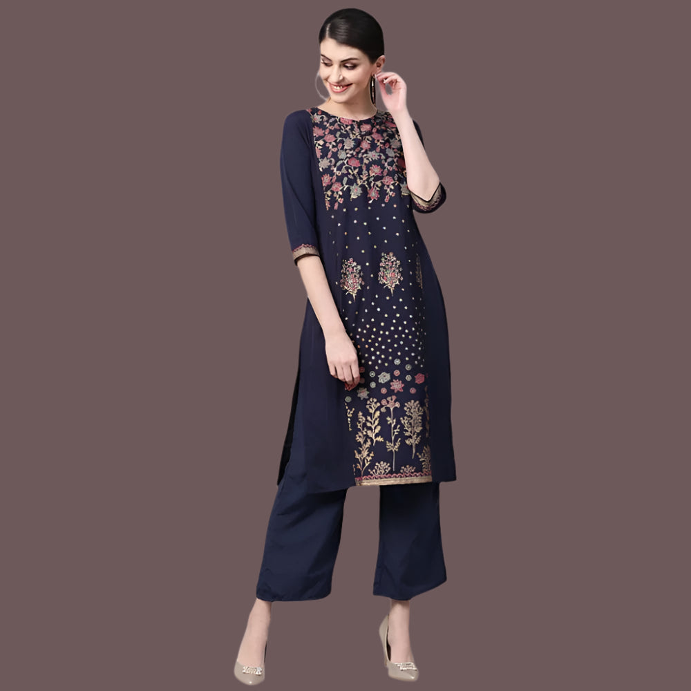 Ladies' Casual 3/4 Sleeve Solid Crepe Kurti and Palazzo Set (Navy) - warehousetech13
