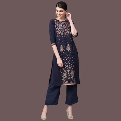 Ladies' Casual 3/4 Sleeve Solid Crepe Kurti and Palazzo Set (Navy) - warehousetech13