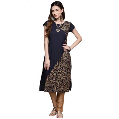 Women's Casual Floral Printed Crepe Kurti with Short Sleeves (Blue / Brown) - warehousetech13