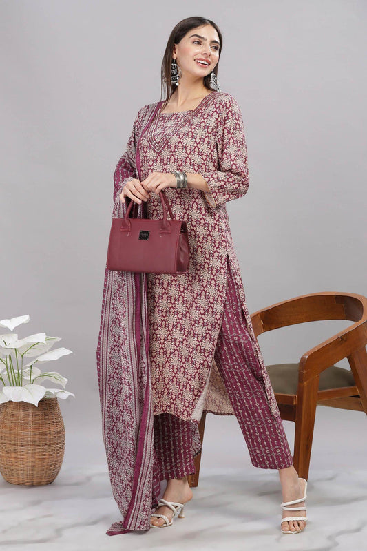 Firdous Rayon Maroon Kurta Set with Dupatta for Women – Elegant Festive & Ethnic Wear Outfit
