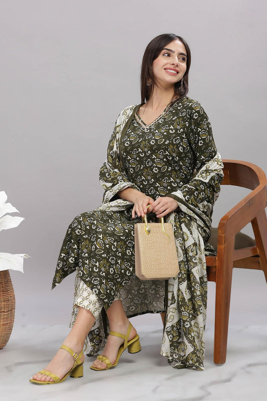 Firdous Olive Rayon Kurta Set with Dupatta | Elegant Ethnic Wear for Women