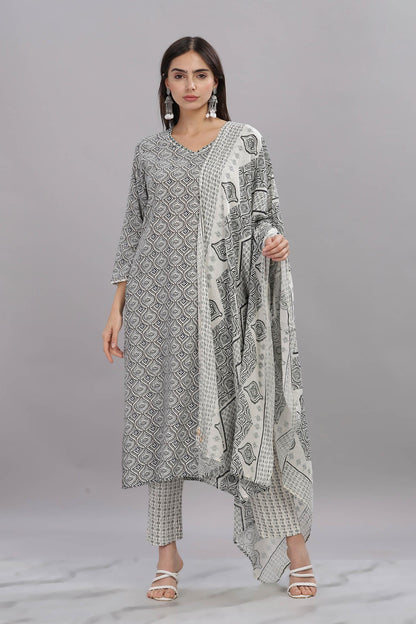Firdous Rayon Grey Kurta Set with Dupatta – Elegant Ethnic Wear for Women | Stylish Festive Outfit