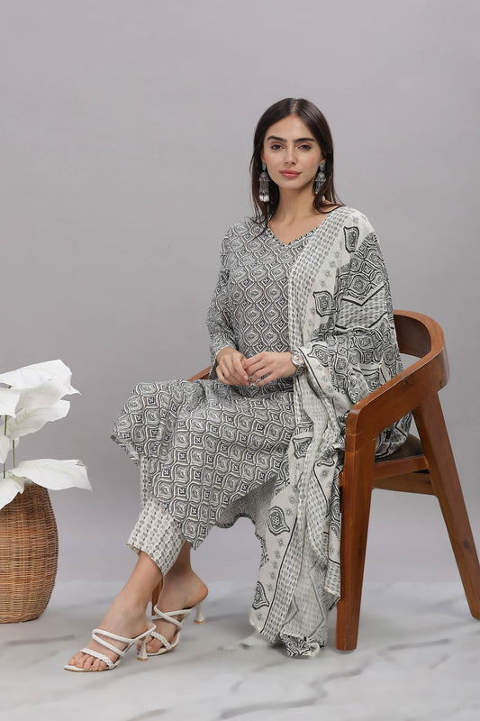 Firdous Rayon Grey Kurta Set with Dupatta – Elegant Ethnic Wear for Women | Stylish Festive Outfit