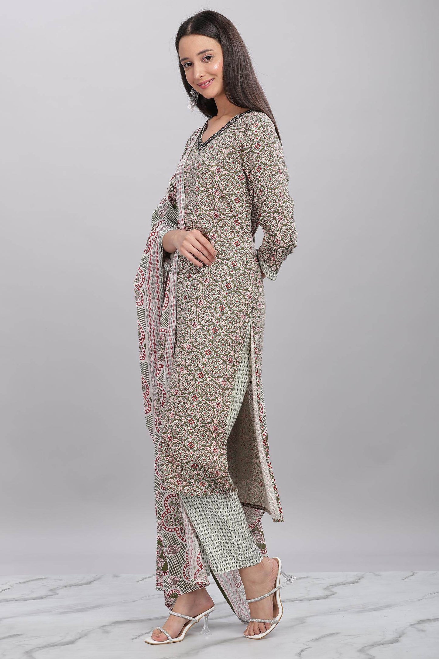 Firdous Olive Rayon Kurta Set with Dupatta | Comfortable Daily & Festive Wear